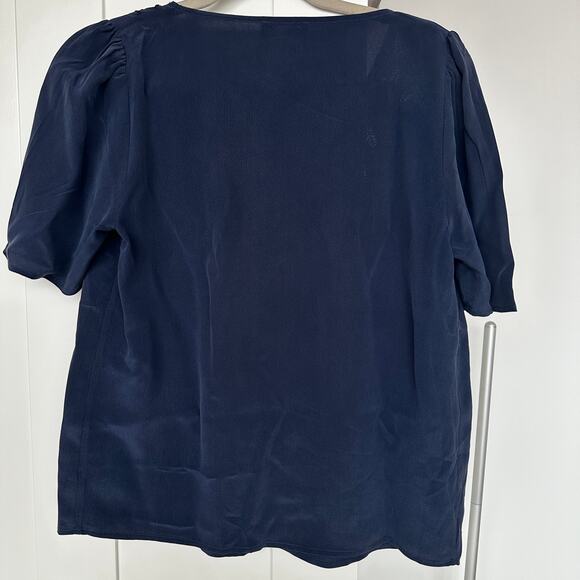 Sezane Women's Navy Minara Embroidered V-Neck Silk Short Sleeve Blouse, 34, EUC - Picture 4 of 7